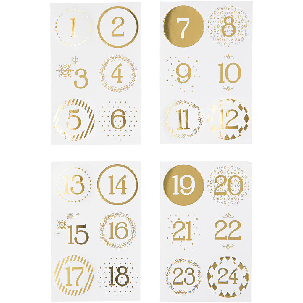 Christmas calendar number stickers, dia. 40 mm, sheet 9x14 cm, gold, white, 4 sheet/ 1 pack [HOB-28457]