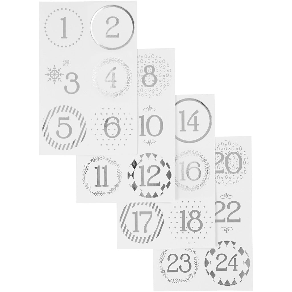 Christmas calendar number stickers, dia. 40 mm, sheet 9x14 cm, silver, white, 4 sheet