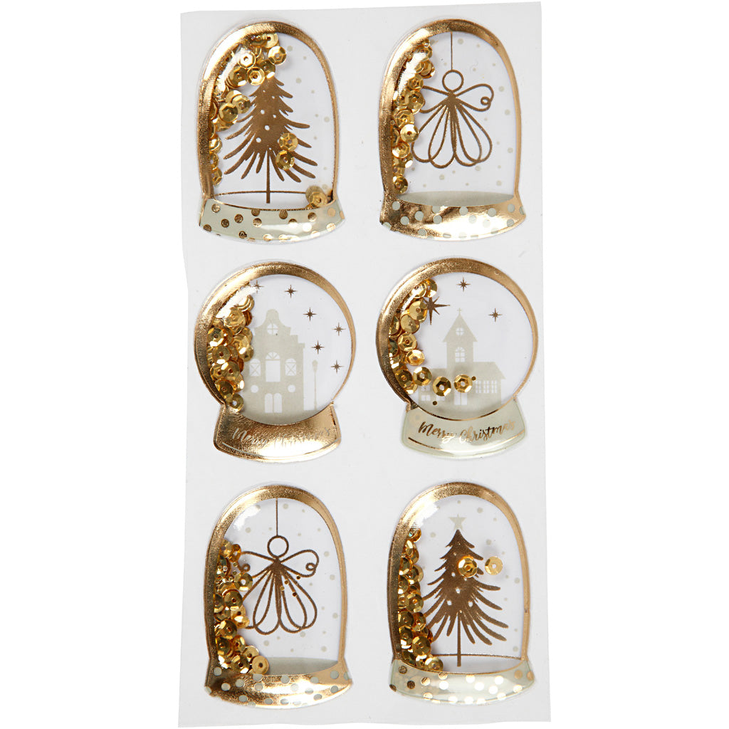 Shaker stickers, angel, tree and houses, size 49x32+45x36 mm, gold, 6 pc