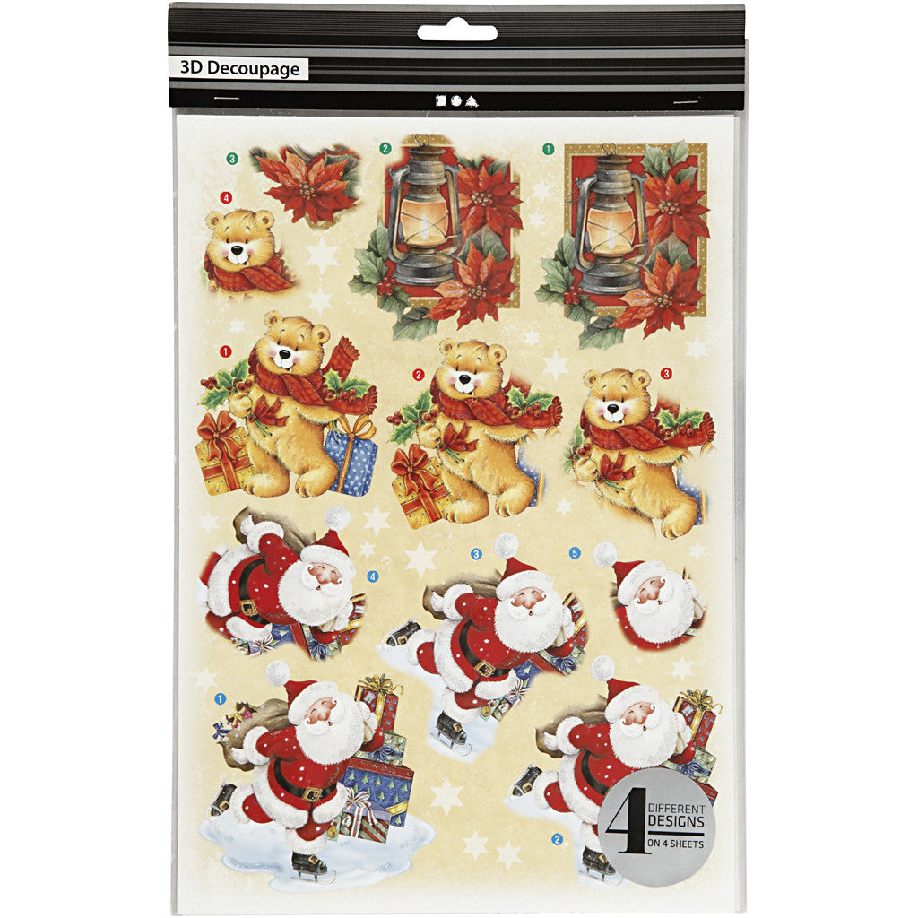 3D Decoupage Motifs, Father Christmas and Poinsettias, sheet 21x30 cm, 4 sheet/ 1 pack [HOB-28665]
