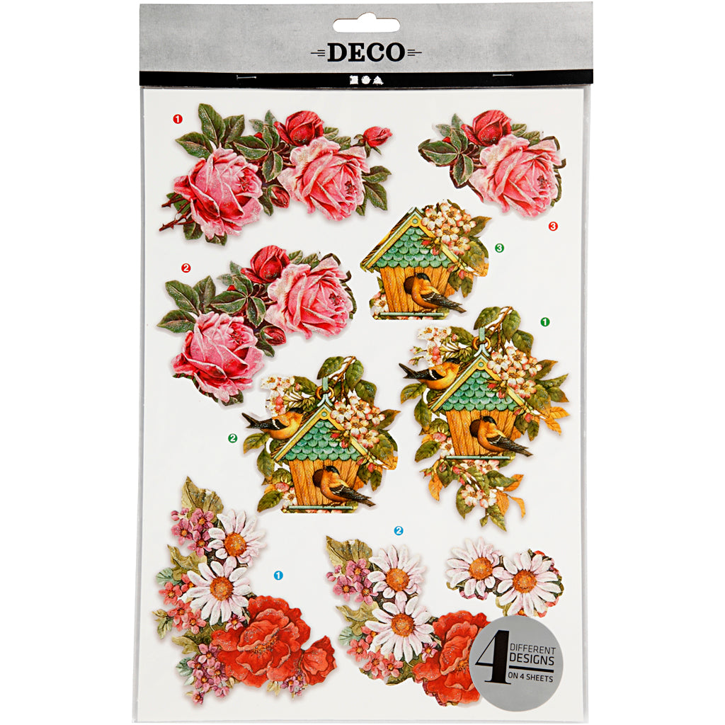 3D Decoupage Motifs, flowers and birds, sheet 21x30 cm, 4 sheet/ 1 pack [HOB-28701]