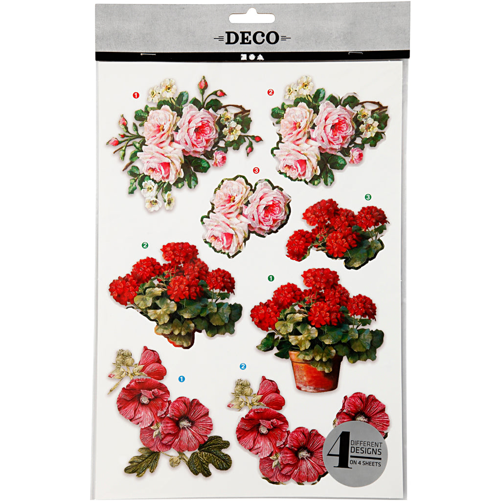 3D Decoupage Motifs, flowers, sheet 21x30 cm, 4 sheet/ 1 pack [HOB-28703]