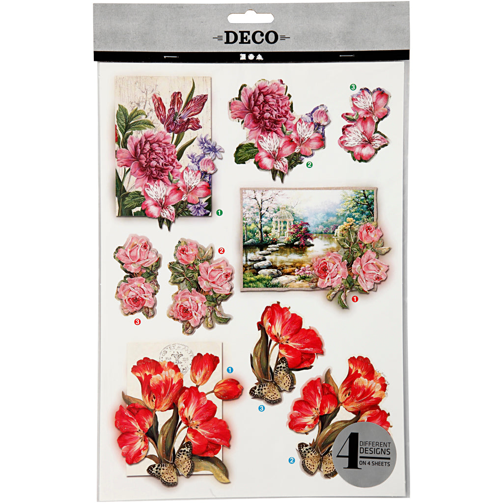 3D Decoupage Motifs, flowers and butterflies, sheet 21x30 cm, 4 sheet/ 1 pack [HOB-28705]