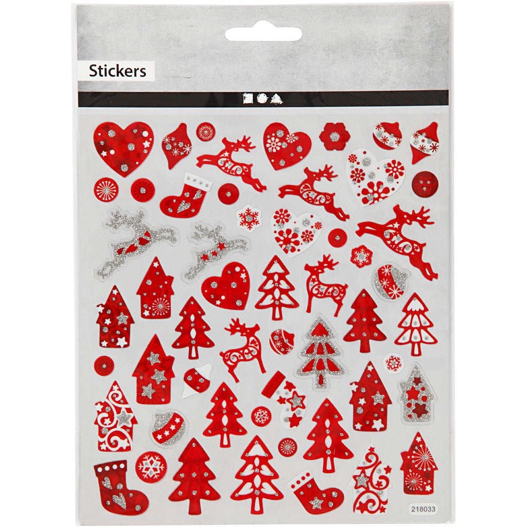 Stickers, red/white Christmas, sheet 15x16,5 cm, ca. 54 pc, 1 sheet [HOB-289591]