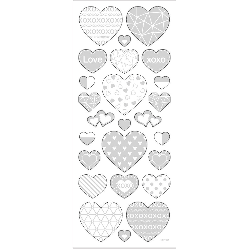 Stickers, hearts, sheet 10x24 cm, ca. 25 pc, silver, 1 sheet [HOB-29140]