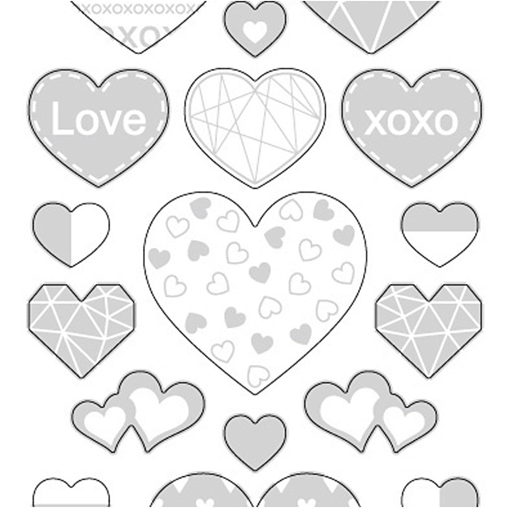Stickers, hearts, sheet 10x24 cm, ca. 25 pc, silver, 1 sheet [HOB-29140]