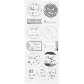 Stickers, thank you, sheet 10x24 cm, ca. 13 pc, silver, 1 sheet [HOB-29141]