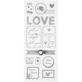 Stickers, love, sheet 10x24 cm, ca. 14 pc, silver, 1 sheet [HOB-29142]