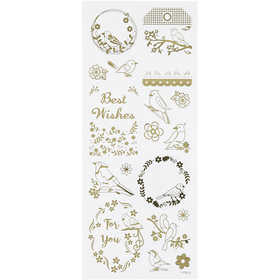Stickers, birds, sheet 10x24 cm, ca. 17 pc, gold, 1 sheet [HOB-29146]