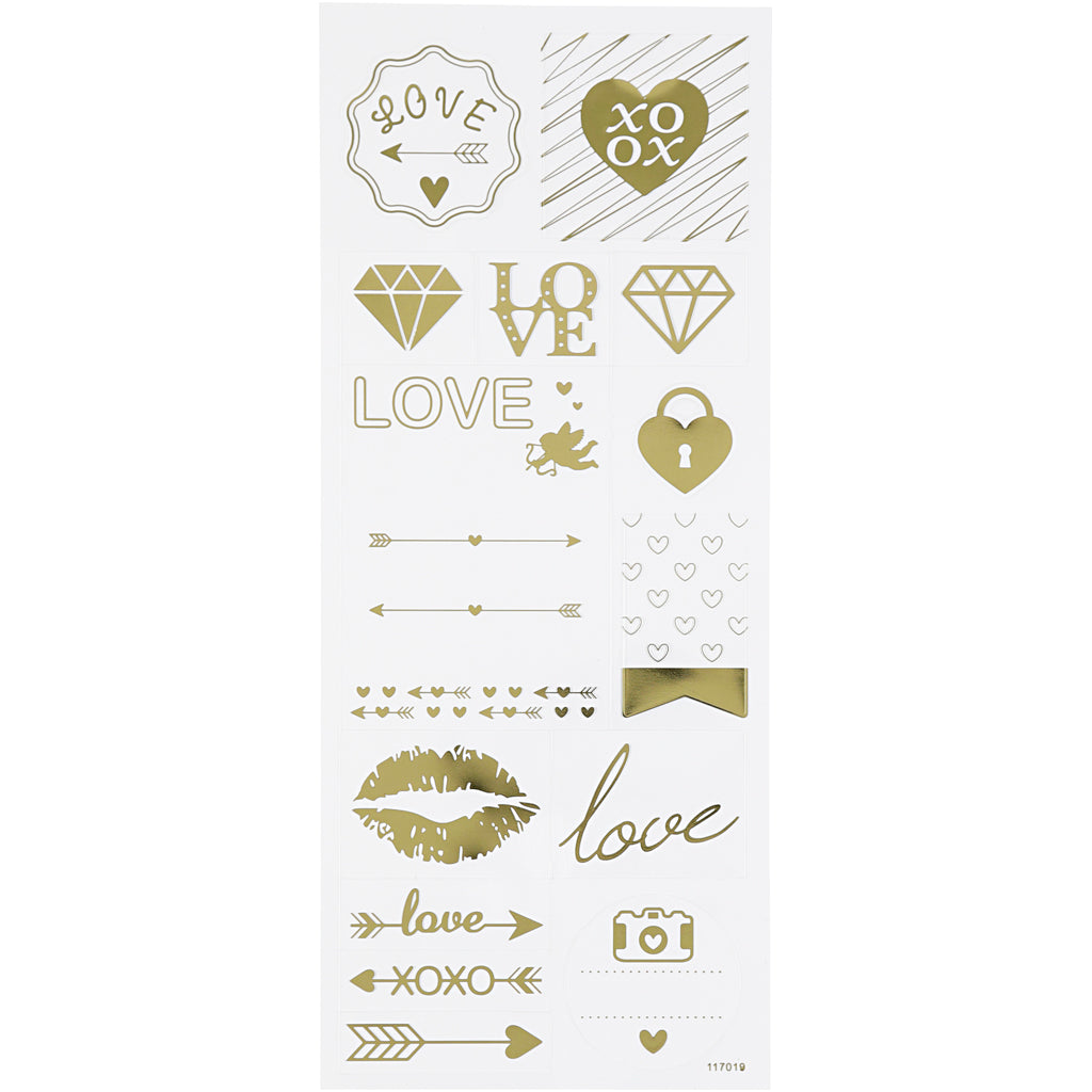 Stickers, love, sheet 10x24 cm, ca. 14 pc, gold, 1 sheet