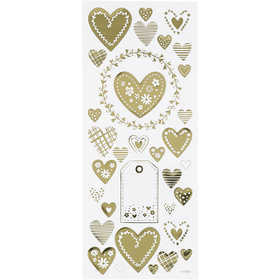 Stickers, hearts, sheet 10x24 cm, ca. 33 pc, gold, 1 sheet [HOB-29151]