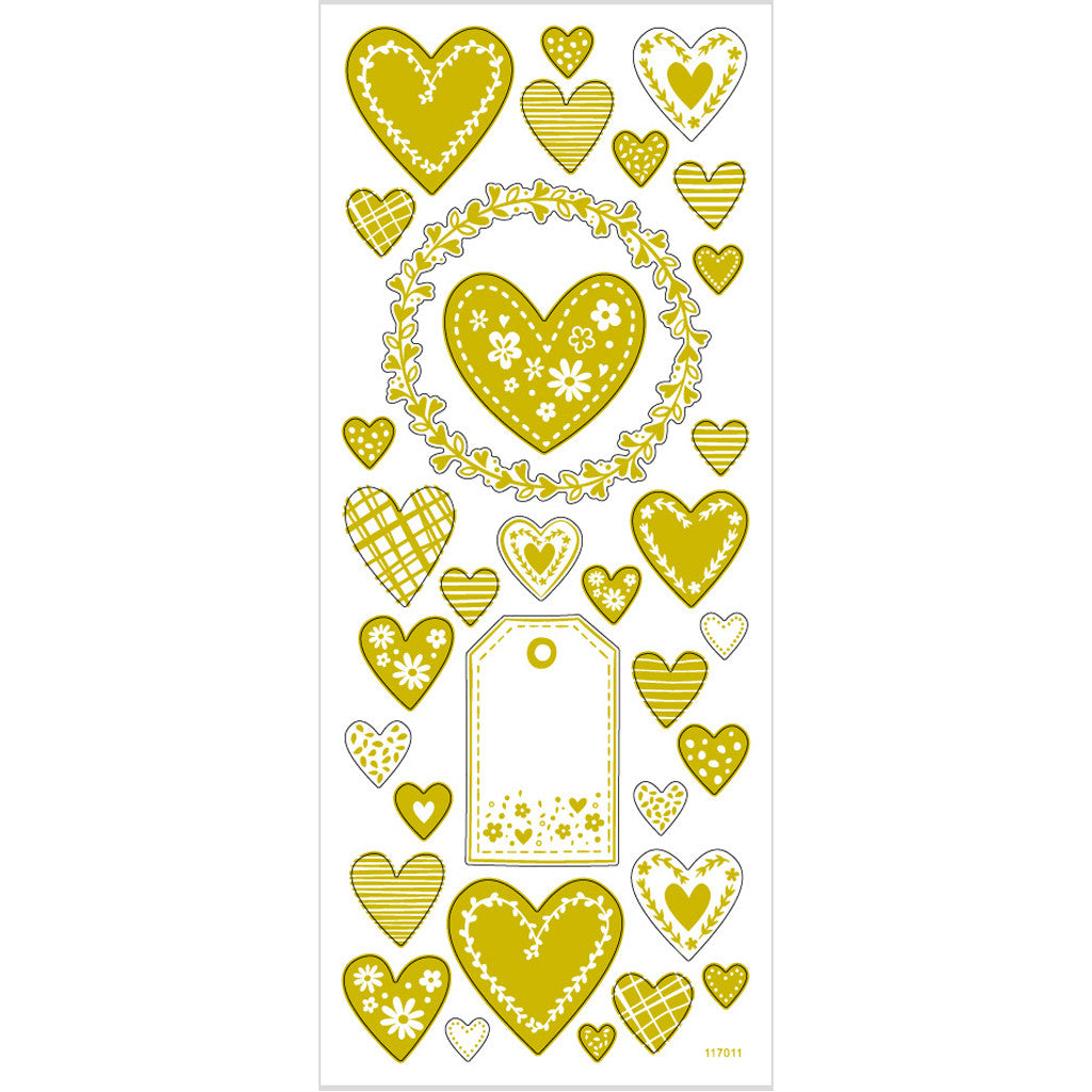 Stickers, hearts, sheet 10x24 cm, ca. 33 pc, gold, 1 sheet [HOB-29151]