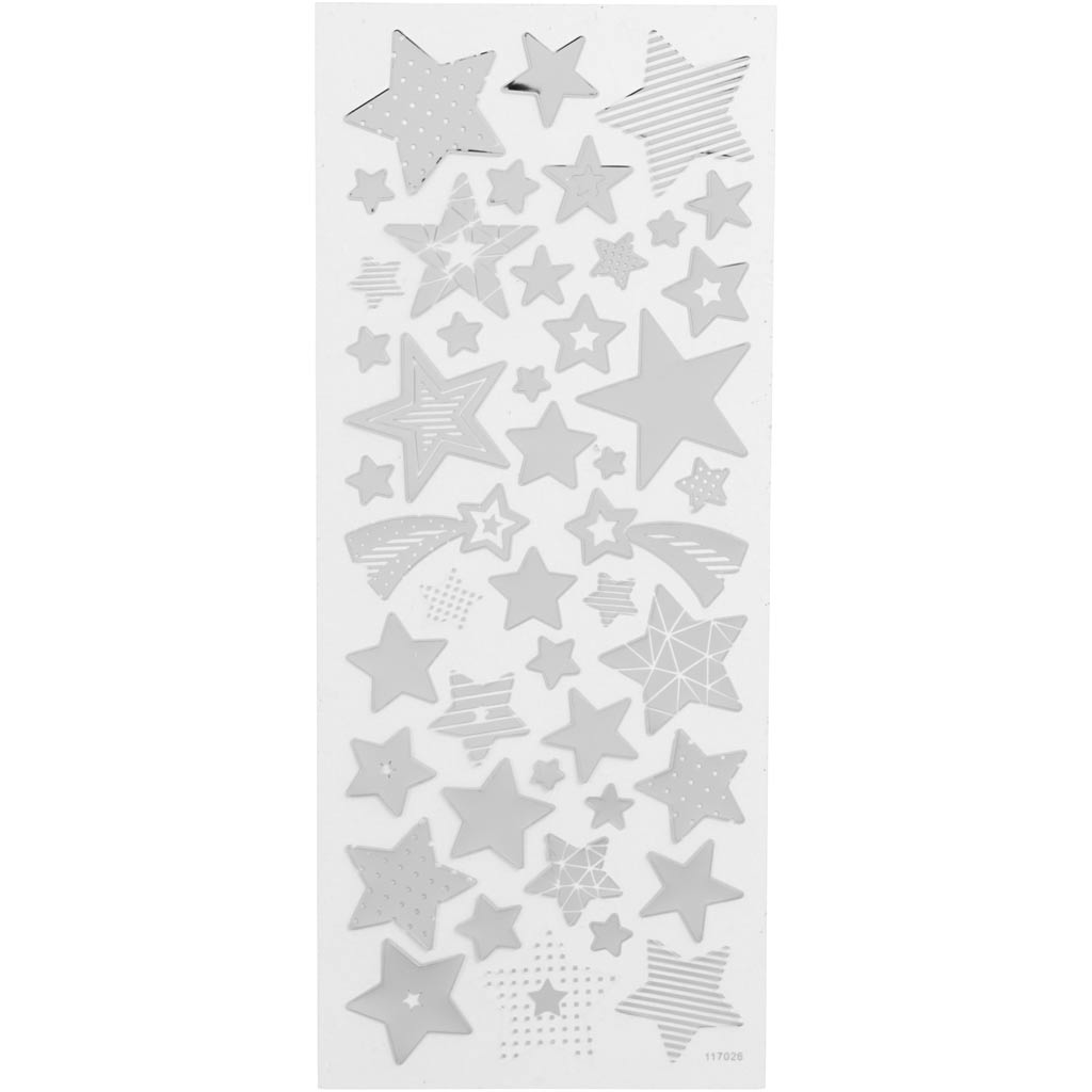 Stickers, stars, sheet 10x24 cm, ca. 52 pc, silver, 1 sheet