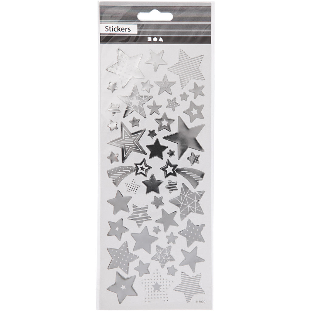 Stickers, stars, sheet 10x24 cm, ca. 52 pc, silver, 1 sheet [HOB-29153]