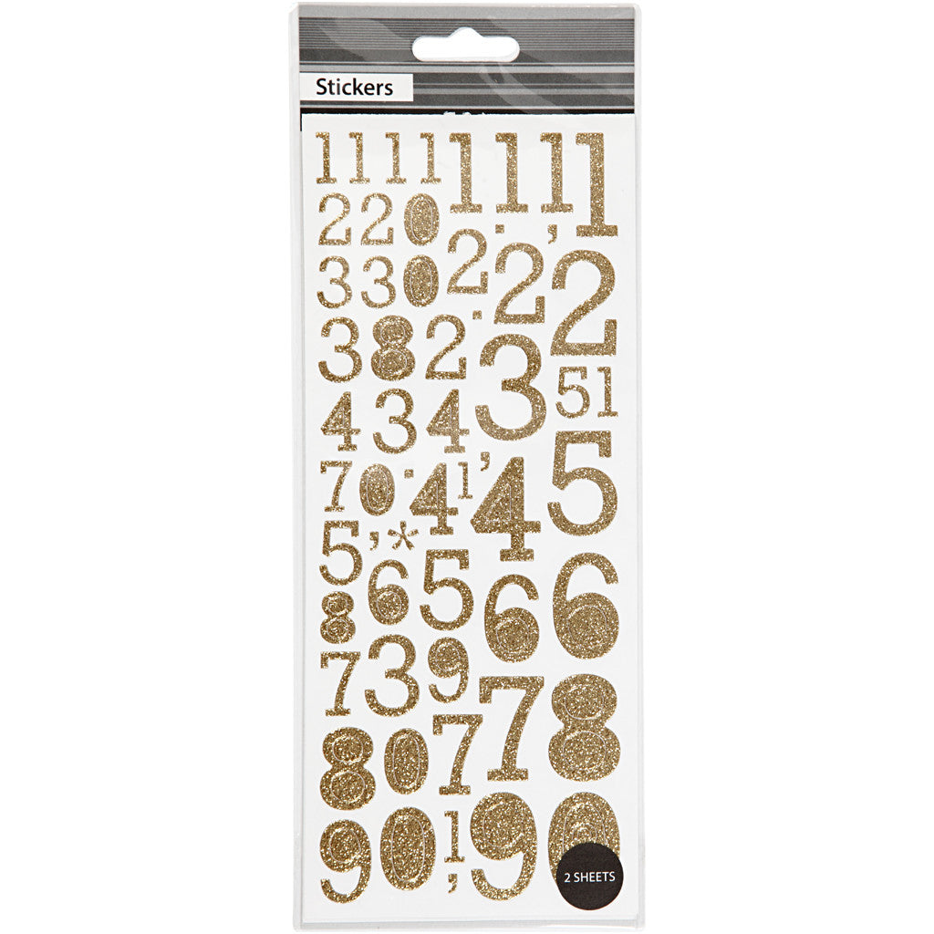 Glitter Stickers, numbers, sheet 10x24 cm, gold, 2 sheet/ 1 pack [HOB-29155]