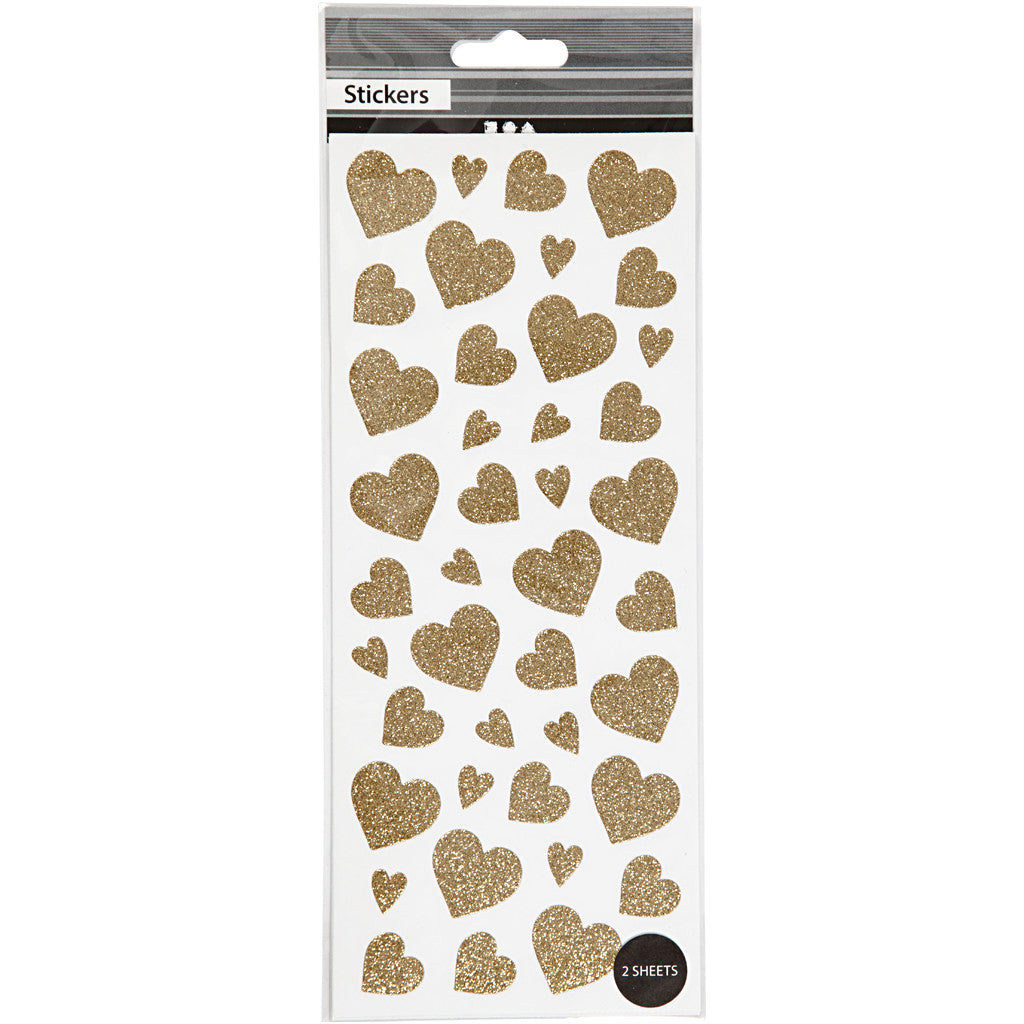 Glitter Stickers, hearts, sheet 10x24 cm, ca. 84 pc, gold, 2 sheet/ 1 pack [HOB-29156]