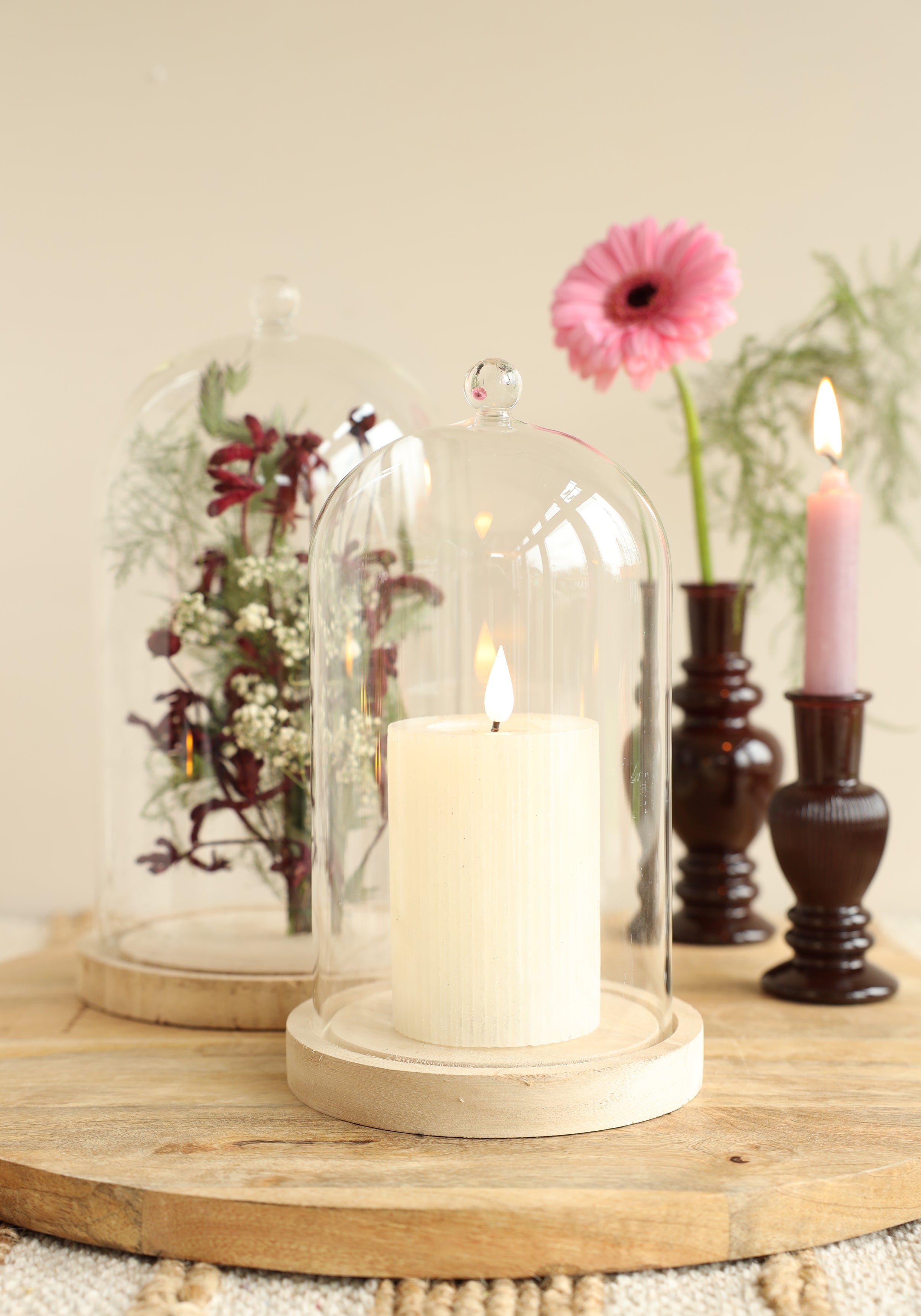 Glass dome with knob and wood base Ø17 h.28 cm (1 pc) [IFS-29315]