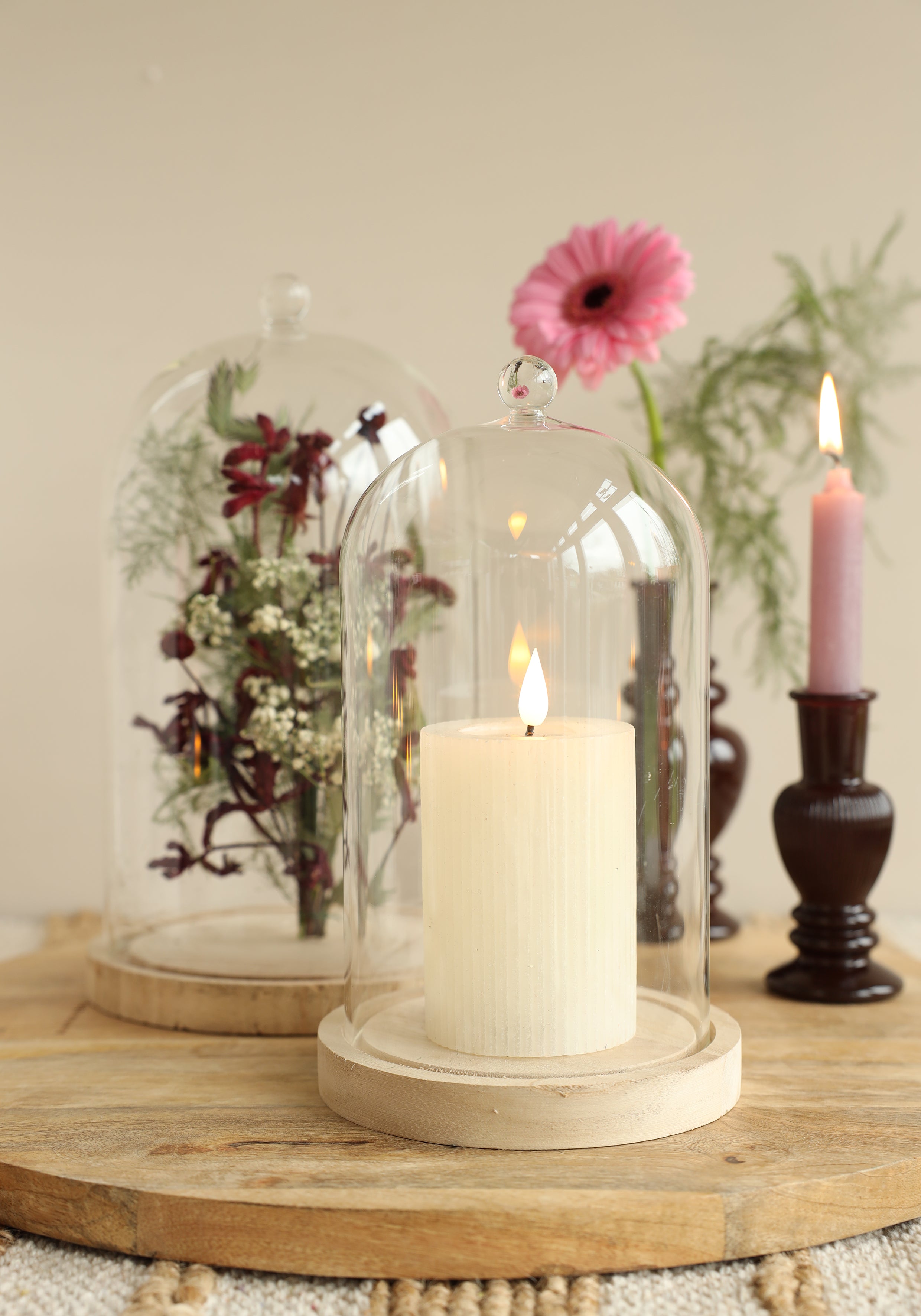 Glass dome with knob and wood base Ø17 h.28 cm (1 pc) [IFS-29315]