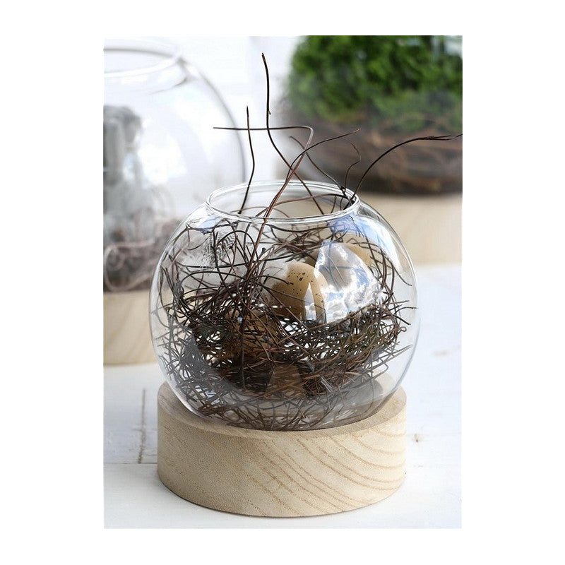 Glass Ball Vase w.Wood Base Ø10 h.11cm (1 pcs) [IFS-29411]
