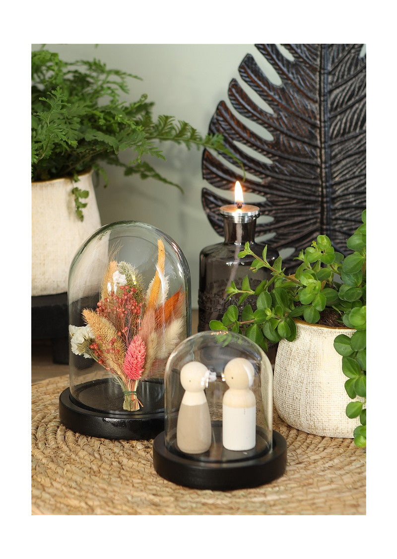 Glass bell jar with black wooden base Ø12cm H: 13cm (1 pcs.) [IFS-29822]