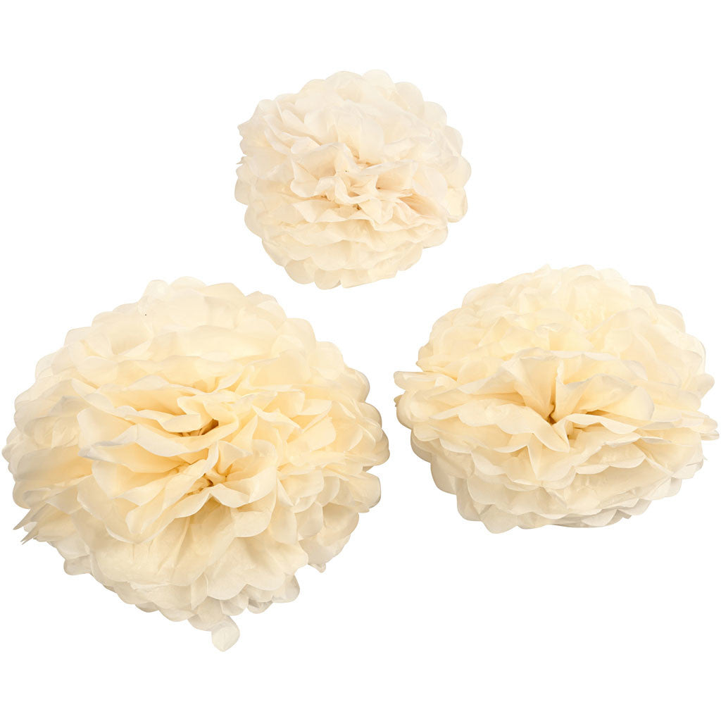 Tissue Pompons, dia. 20+24+30 cm, 16 g, off-white, 3 pc/ 1 pack [HOB-20472]