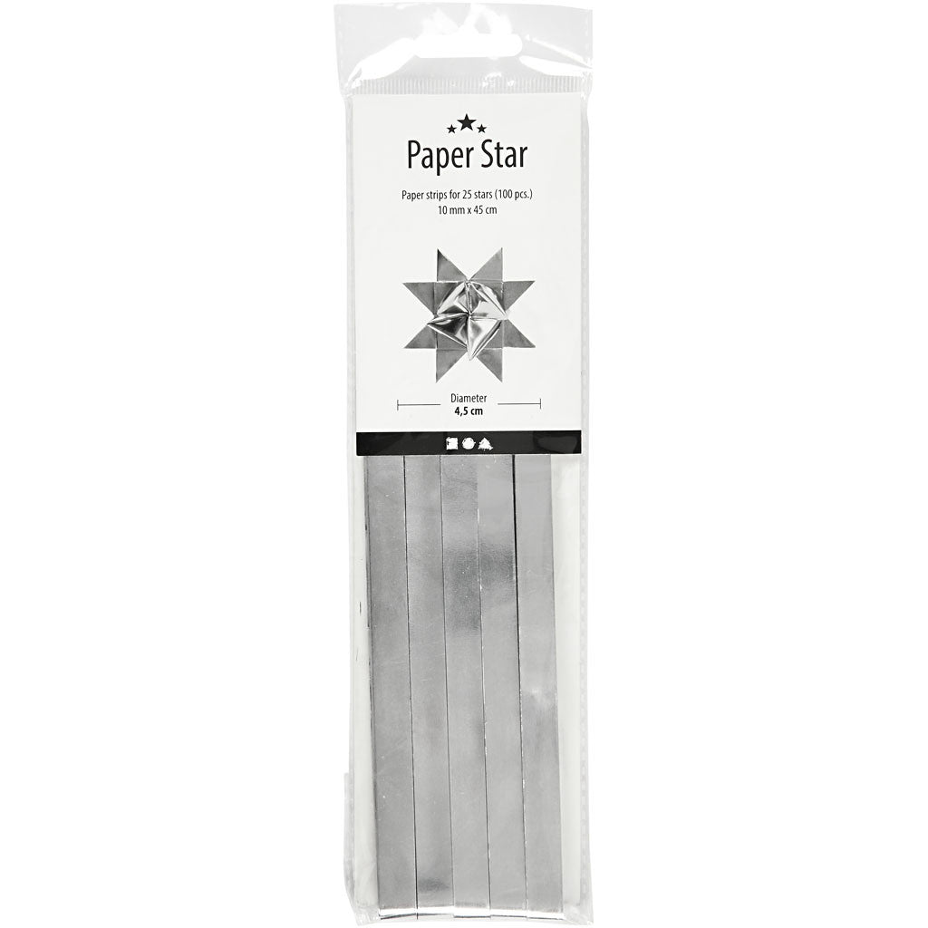 Paper Star Strips, L: 45 cm, dia. 4,5 cm, W: 10 mm, silver, 100strips/ 1 pack [HOB-20714]