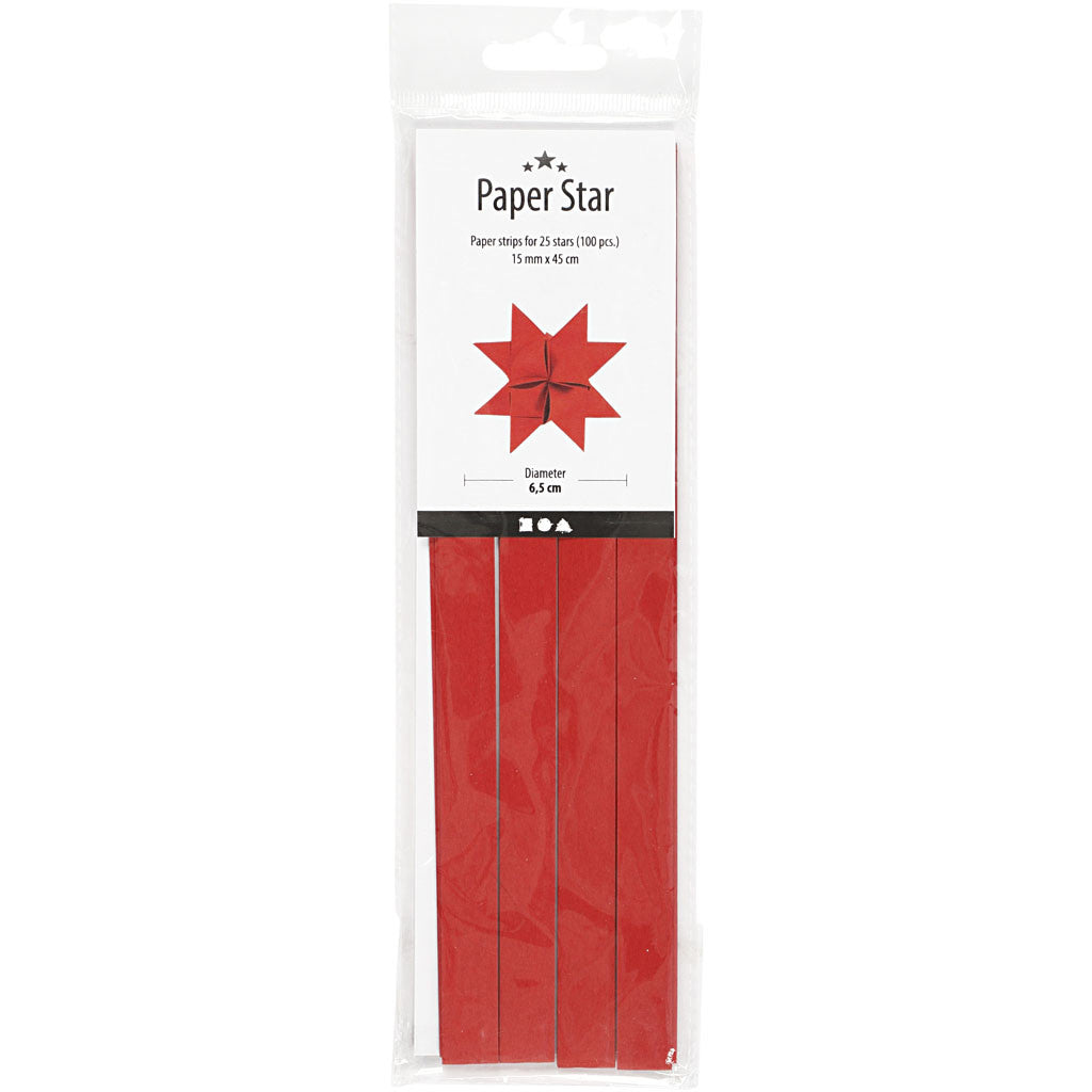 Paper Star Strips, L: 45 cm, W: 15 mm, dia. 6,5 cm, red, 100 strips/ 1 pack [HOB-209340]