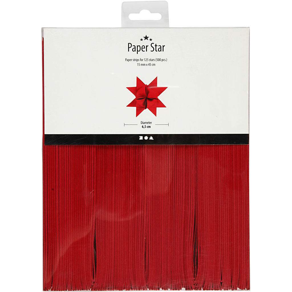 Paper Star Strips, L: 45 cm, W: 15 mm, dia. 6,5 cm, red, 500 strips/ 1 pack [HOB-20934]