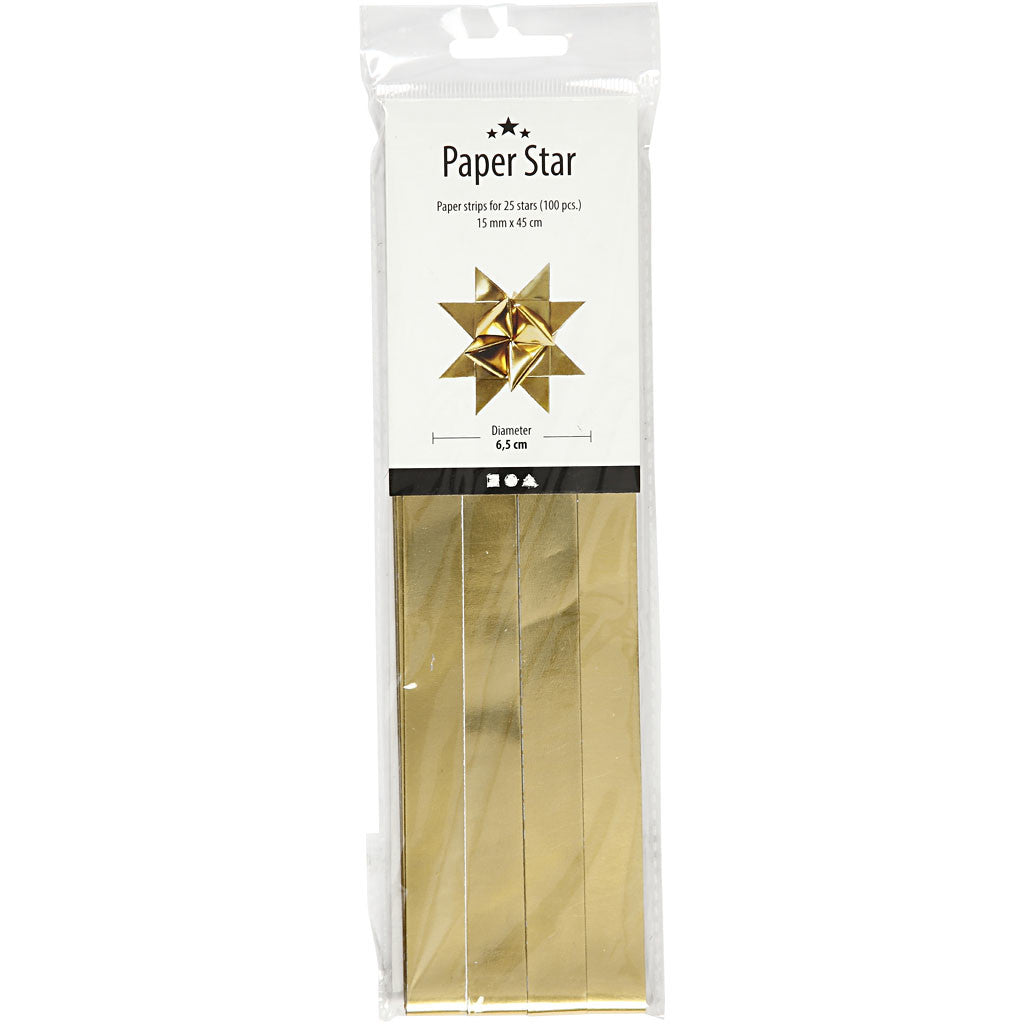 Paper Star Strips, L: 45 cm, W: 15 mm, dia. 6,5 cm, gold, 100 strips/ 1 pack [HOB-20937]