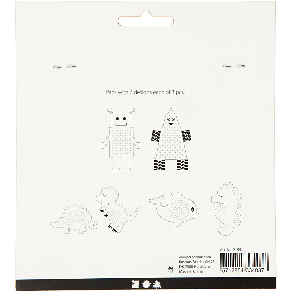 Embroidery card, animals/robots, H: 8-13 cm, W: 8-13 cm, white, 6x3 pc/ 1 pack [HOB-21951]