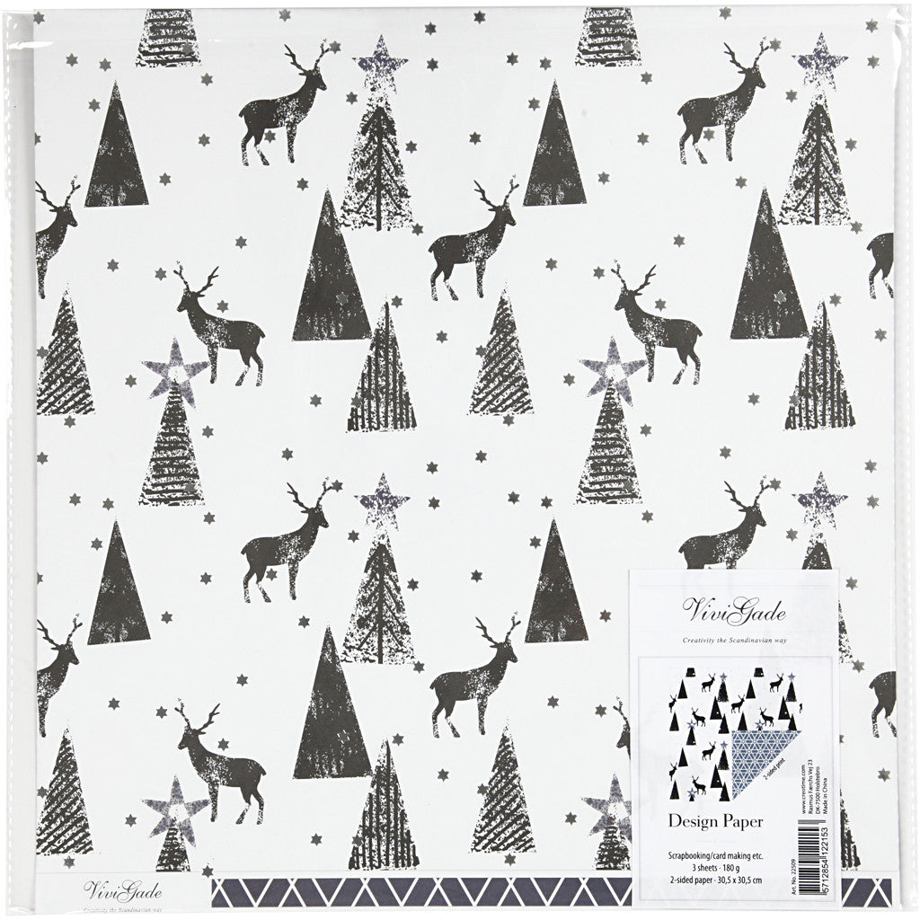 Design Paper, deer and pattern, 180 g, black, silver, white, 3 sheet/ 1 pack [HOB-22509]