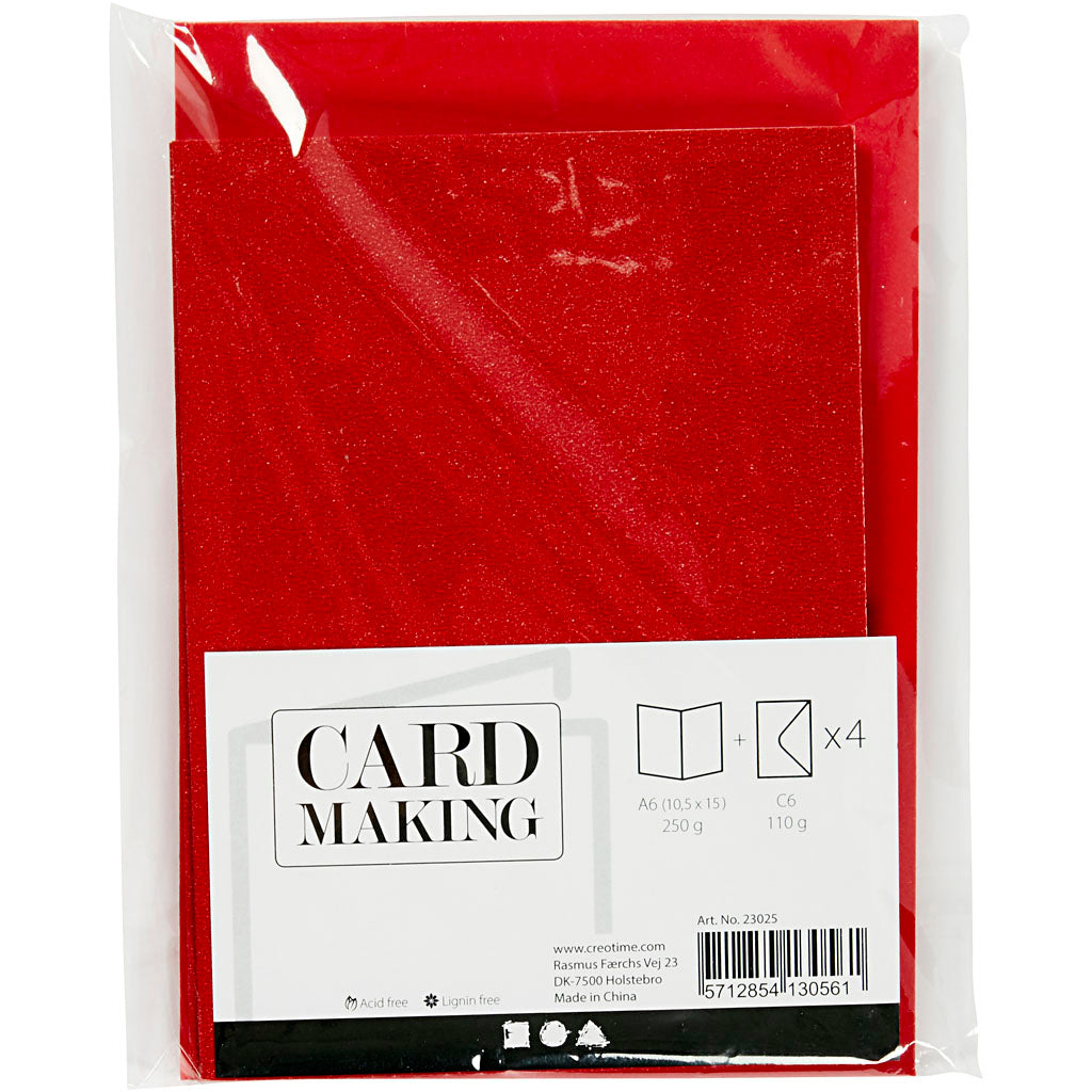 Cards and Envelopes, card size 10,5x15 cm, envelope size 11,5x16,5 cm, glitter, 110+250 g, red, 4 set/ 1 pack [HOB-23025]