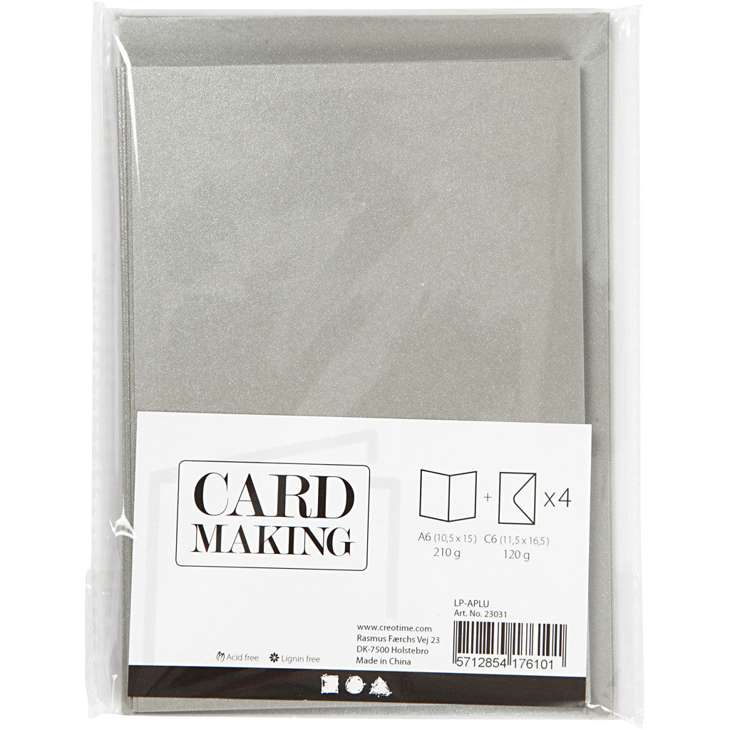 Cards and Envelopes, card size 10,5x15 cm, envelope size 11,5x16,5 cm, mother of pearl, 120+210 g, silver, 4 set/ 1 pack [HOB-23031]