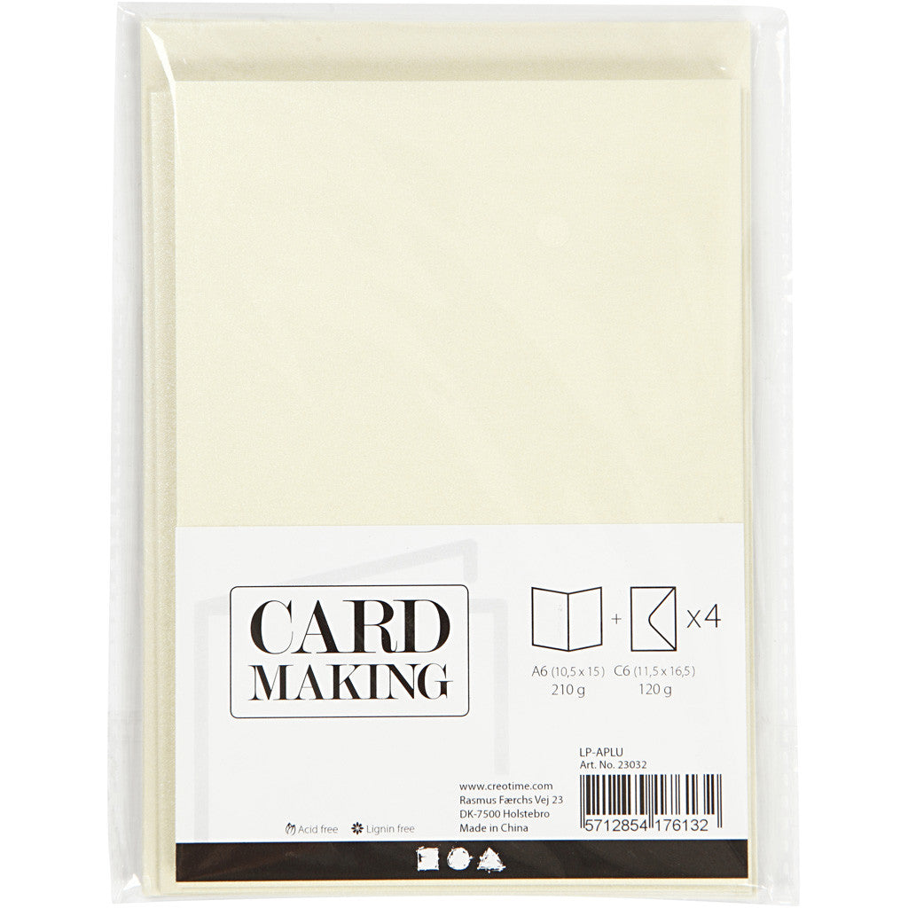 Cards and Envelopes, card size 10,5x15 cm, envelope size 11,5x16,5 cm, mother of pearl, 120+210 g, off-white, 4 set/ 1 pack [HOB-23032]