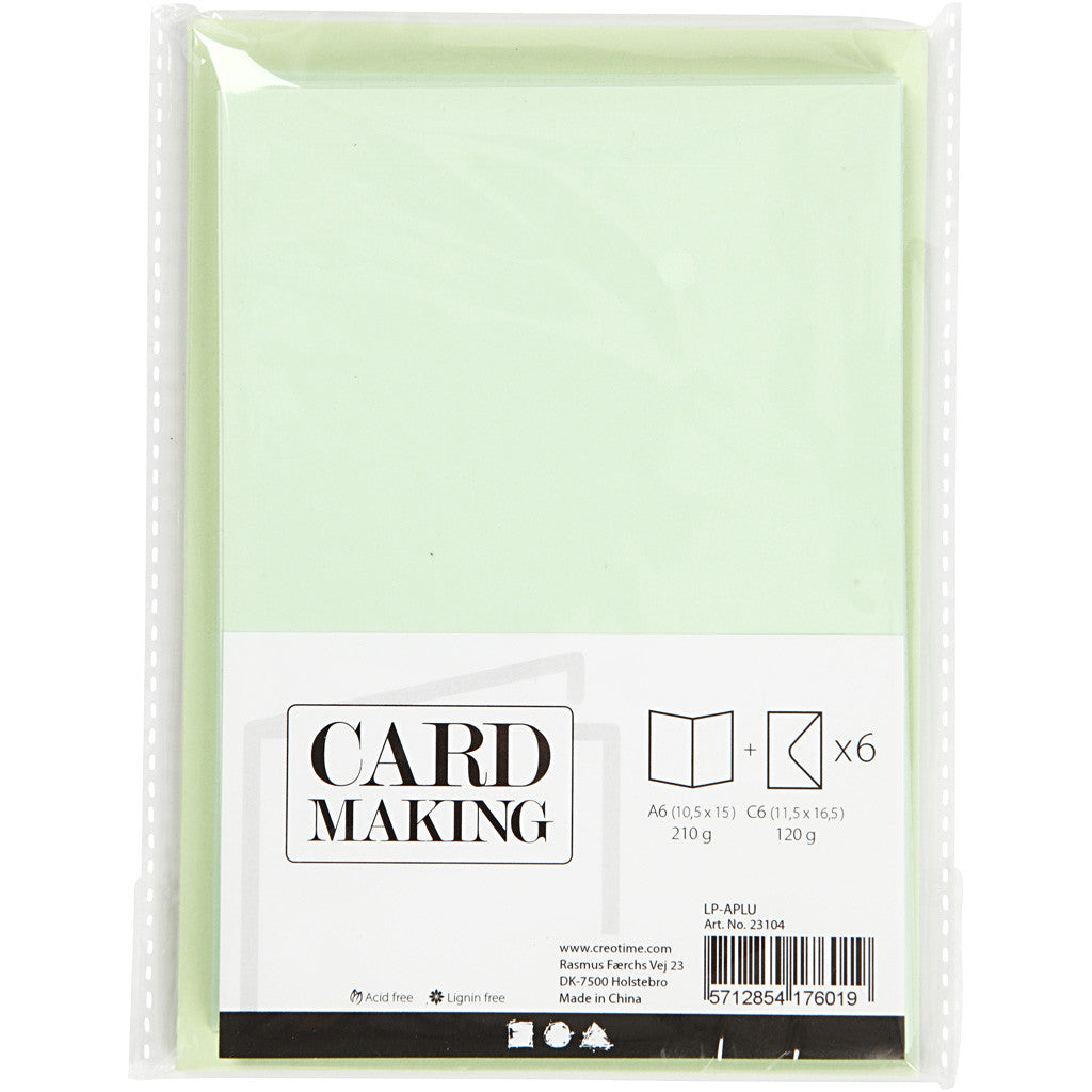 Cards and envelopes, card size 10,5x15 cm, envelope size 11,5x16,5 cm, 120+210 g, light green, 6 set/ 1 pack [HOB-23104]