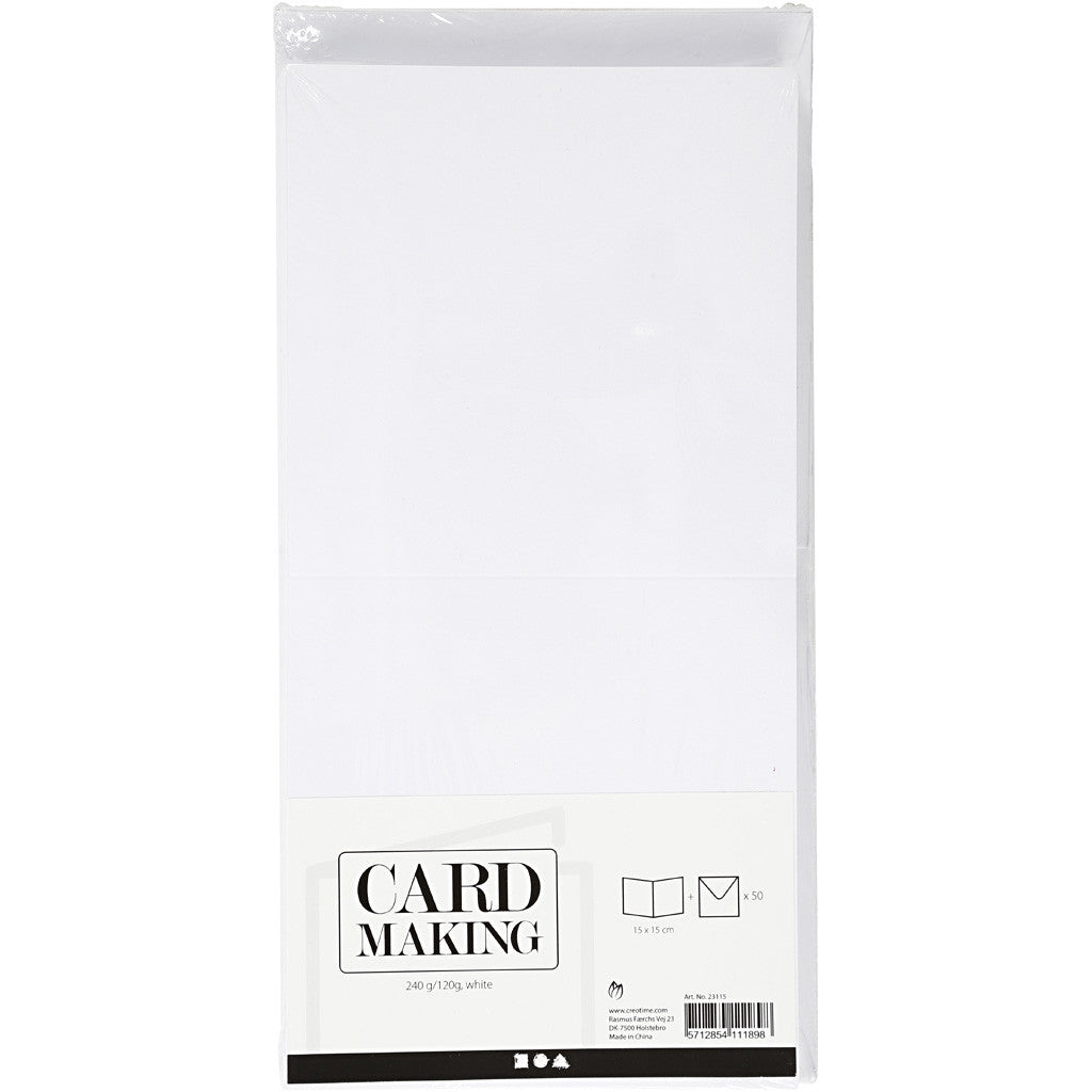 Cards and envelopes, card size 15x15 cm, envelope size 16x16 cm, 120+240 g, white, 50 set/ 1 pack [HOB-23115]
