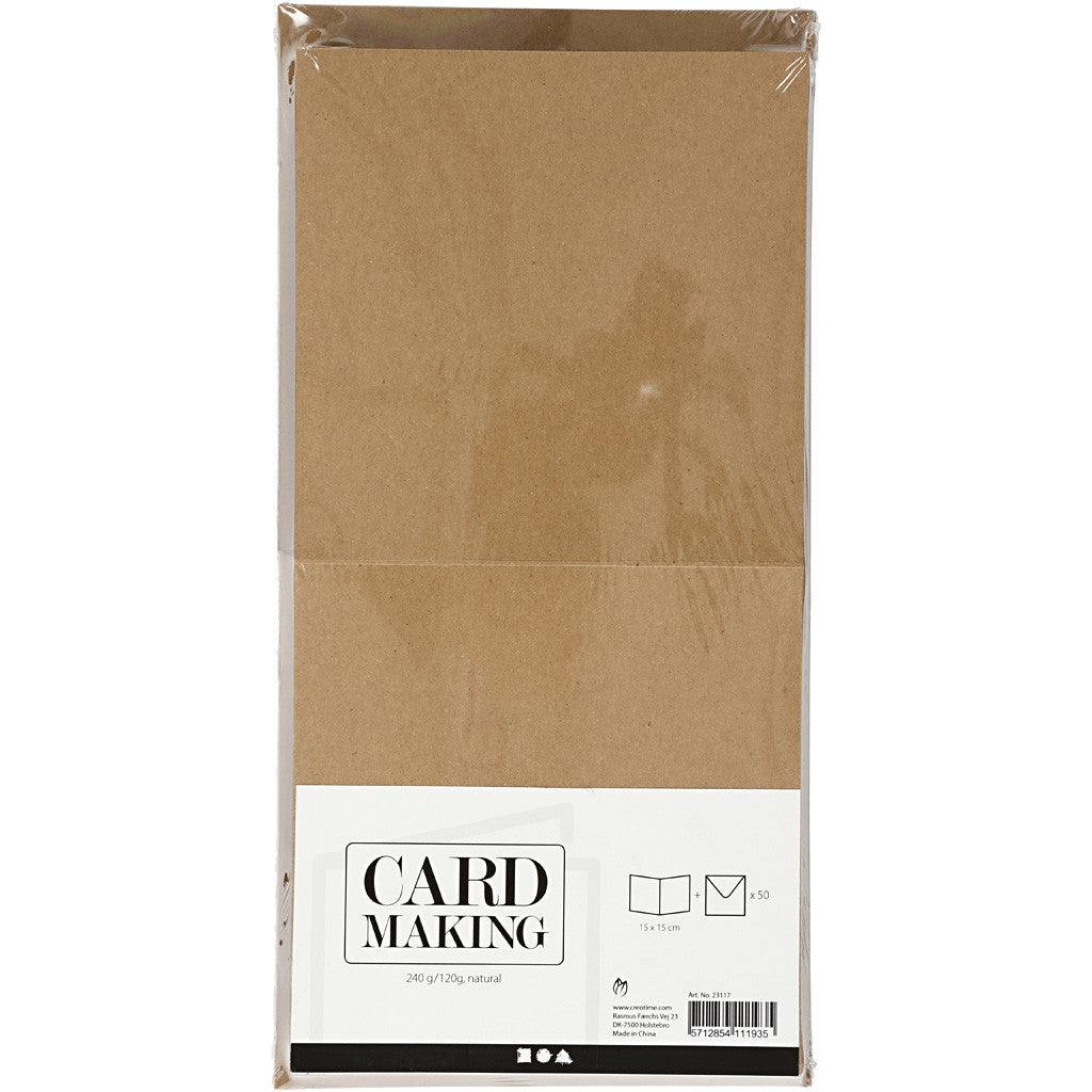Cards and envelopes, card size 15x15 cm, envelope size 16x16 cm, 120+240 g, natural, 50 set/ 1 pack [HOB-23117]