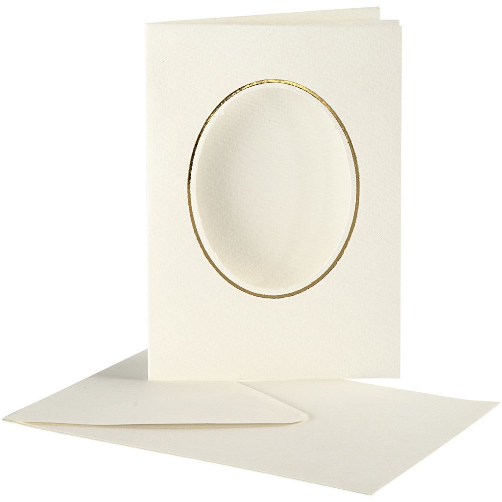 Passepartout Card, oval with gold border, card size 10,5x15 cm, envelope size 11,5x16,5 cm, off-white, 10 set/ 1 pack [HOB-23724]