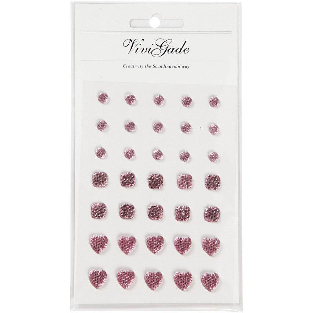 Rhinestones, round, square, heart, size 6+8+10 mm, rose, 35 pc/ 1 pack [HOB-24374]