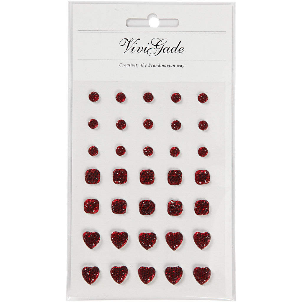 Rhinestones, red, round, square, heart, size 6+8+10 mm, 35 pc/ 1 pack [HOB-24375]