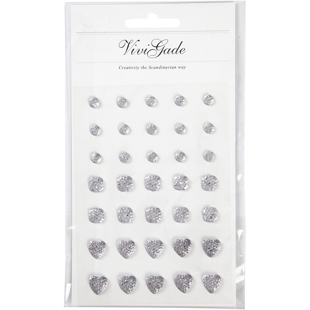 Rhinestones, round, square, heart, size 6+8+10 mm, silver, 35 pc/ 1 pack [HOB-24377]