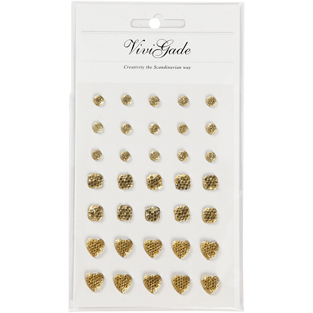 Rhinestones, round, square, heart, size 6+8+10 mm, gold, 35 pc/ 1 pack [HOB-24378]