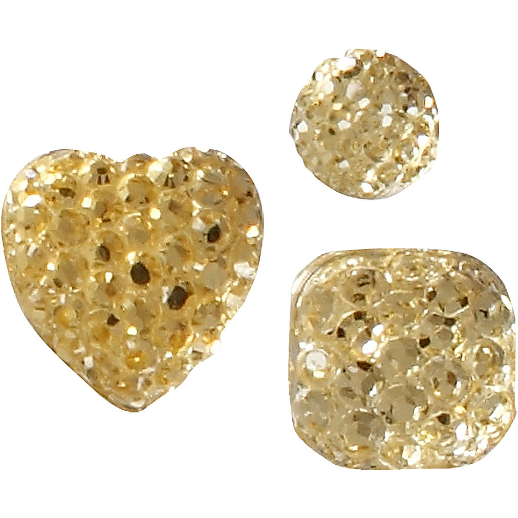 Rhinestones, round, square, heart, size 6+8+10 mm, gold, 35 pc/ 1 pack [HOB-24378]