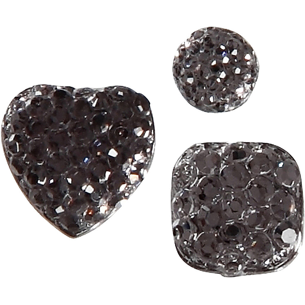 Rhinestones, round, square, heart, size 6+8+10 mm, black, 35 pc/ 1 pack [HOB-24379]