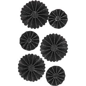 Paper Rosettes, dia. 35+50 mm, black glitter, 6 pc/ 1 pack [HOB-24787]