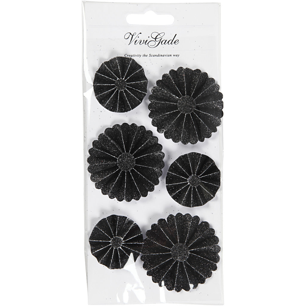 Paper Rosettes, dia. 35+50 mm, black glitter, 6 pc/ 1 pack [HOB-24787]