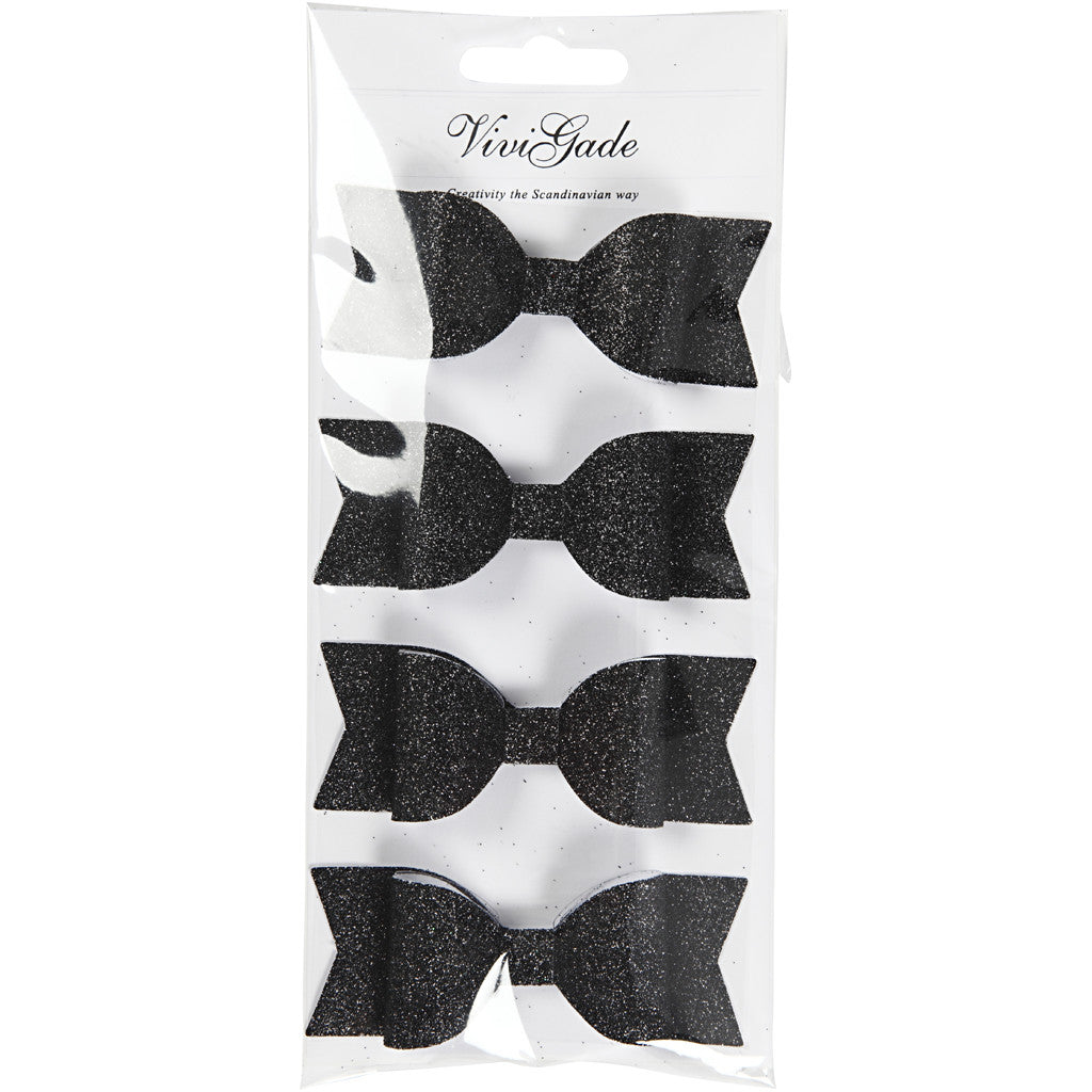 Paper Bow, size 31x85 mm, black glitter, 4 pc/ 1 pack [HOB-24789]