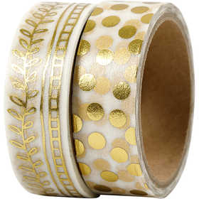 Washi Tape, rake and dots - foil, W: 15 mm, gold, 2x4 m/ 1 pack [HOB-24796]