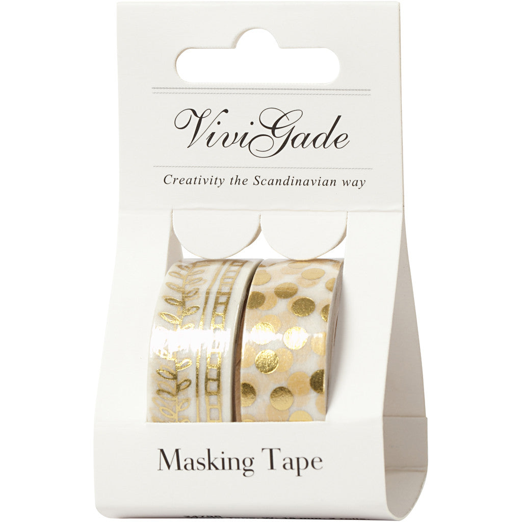 Washi Tape, rake and dots - foil, W: 15 mm, gold, 2x4 m/ 1 pack [HOB-24796]