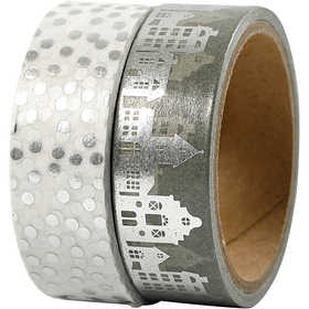 Washi Tape, houses and dots - foil, W: 15 mm, silver, 2x4 m/ 1 pack [HOB-24798]
